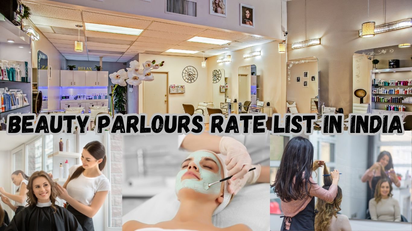 A collage of images depicting the interior of a beauty salon with bright lighting and modern decor. The left side shows a reception desk with products on display, the center has a large text overlay reading ‘BEAUTY PARLOURS RATE LIST IN INDIA,’ and the right side features individuals receiving hair treatments. The image conveys information about beauty service pricing in India, relevant for those interested in such services.