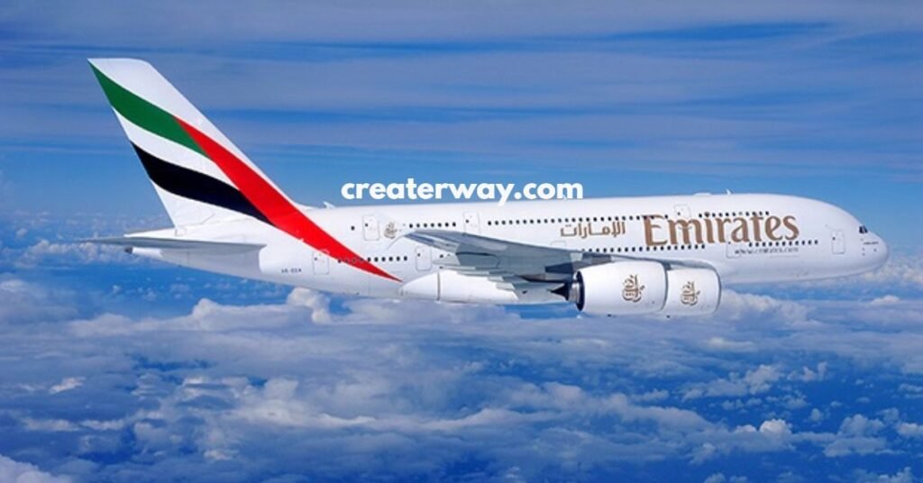 Emirates airways double decore plane is flyong in the clouds and this image is used for AIRLINES WITH THE LARGEST SEATS