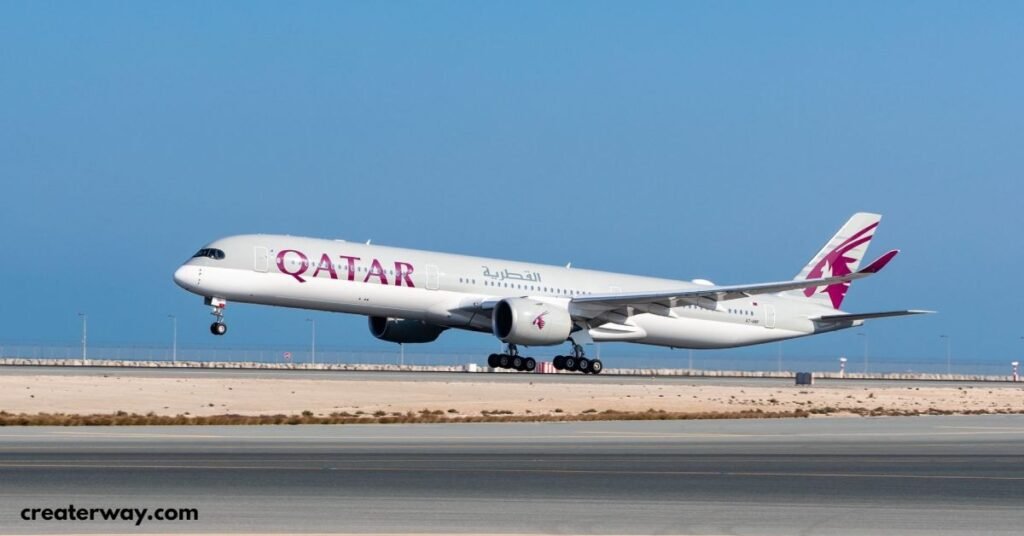 QATAR AIRWAYS airplane is landing on the airport and this image is used on a blog AIRLINES WITH THE LARGEST SEATS