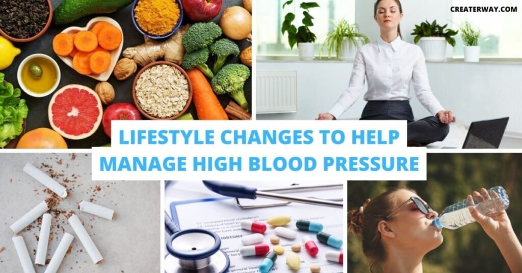 a collage of mulitiple images showing the habits and foods that can help us to reduce the High blood pressure problem