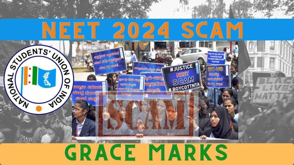 A protest scene with multiple individuals holding banners regarding a ‘NEET SCANDAL’, with large overlaid text stating ‘NEET SCANDAL’ at the center. Some visible texts include acronyms ‘NSUI’, ‘NTA’, and an explanation for ‘NEET’.