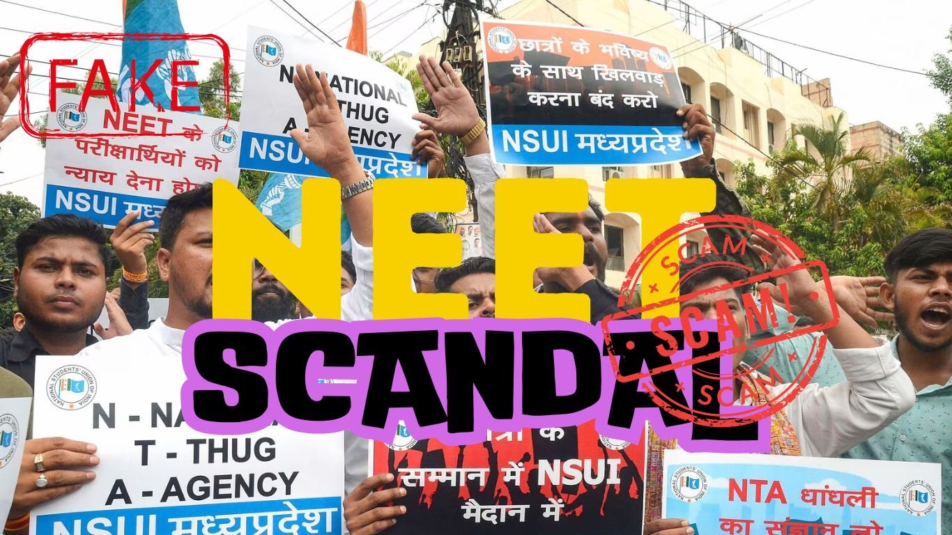 A protest scene with multiple individuals holding banners regarding a ‘NEET SCANDAL’, with large overlaid text stating ‘NEET SCANDAL’ at the center. Some visible texts include acronyms ‘NSUI’, ‘NTA’, and an explanation for ‘NEET’. Top left corner has a red stamp marked ‘FAKE’. Faces are pixelated for privacy.